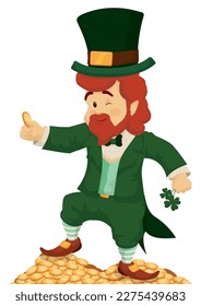 Ginger Leprechaun with winking gesture and traditional green clothes, standing on a pile of gold coins. Character in cartoon style over white background.