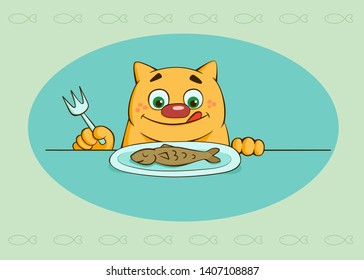Ginger licking cat with a fork in its paw, having dinner with fish. Colorful vector illustration. Delicious lunch, mouth-watering dish