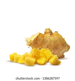 Ginger low poly. Spicy, fragrant and tasty ginger. Symbols of spice. Elements for design. Vector illustration. Ginger in triangulation technique.