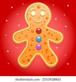 Ginger Man. Christmas gingerbread man in cartoon style. Cute baked holiday cookie character isolated on red gradient background with glowing snowflakes. Cookie Day