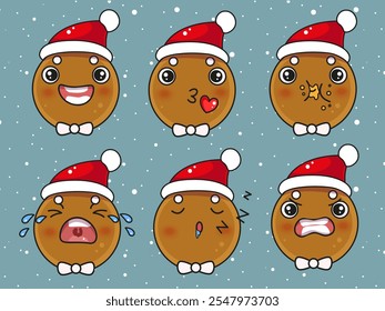 Ginger man cookie with different emoji. Christmas avatar, cute stickers design. 