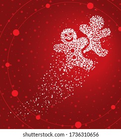 Ginger man formed by a magical trail of flying points on red background