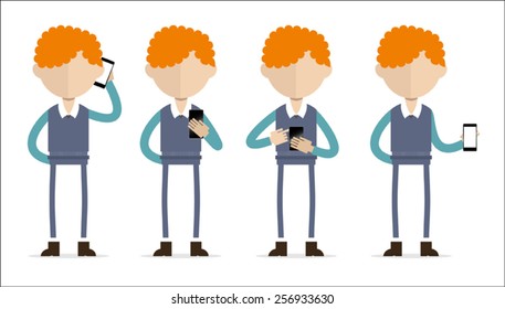 Ginger man holding mobile device.