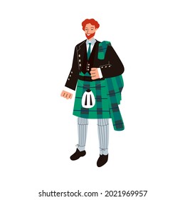 Ginger man in traditional male Scottish costume - green tartan suit with kilt skirt. Young scotsman standing and smiling isolated on white background, flat vector illustration