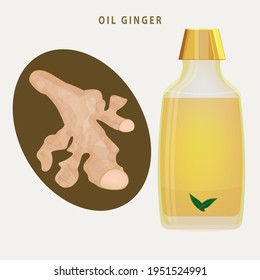 Ginger oil in a transparent bottle, root, a cup of tea - vector. Medicinal plant. Beauty and health. Slimming.