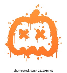 Ginger, orange pumpkin graffiti with splashes, paint streaks. Isolated on white background. Vector Holiday illustration for Halloween, postcard, banner, cards, party, web, design, advertising.