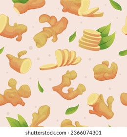 Ginger pattern. Healthy product sliced ginger cartoon illustrations exact vector seamless background