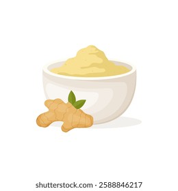 Ginger powder in the bowl with ginger root. Vector illustration.