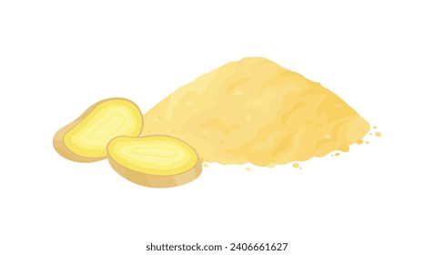 Ginger powder pile and sliced ginger root. Vector cartoon flat illustration spicy spice seasoning. 