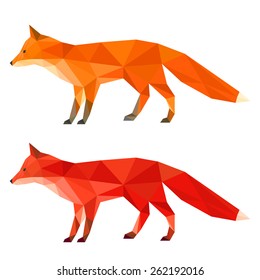 Ginger, red fox. Abstract polygonal geometric fox. Triangle fox set isolated on white. Fox side view for design card, invitation, banner, poster, book, album. Nature, animal, wildlife theme. Fox icon