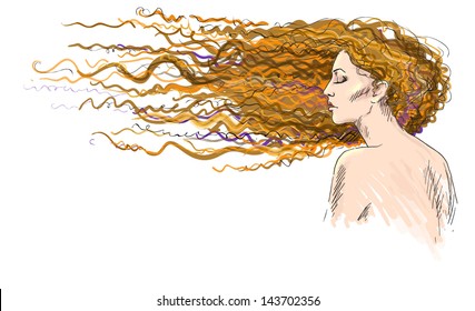 Ginger. Red-haired girl. Hair blown by the wind.