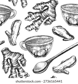 Ginger root background. Spice seamless patterns. Medicinal plnat hand drawn vector illustrations set. Herbal medicine ingredient sketch. Not AI generated.