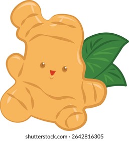 ginger root cartoon, natural food vector, illustration for food or drink, cheerful or happy face, related to children, with green leaves, cute, mascot, character 