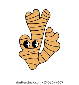 Ginger root character in 70s cartoon style. Vector illustration isolated on white background