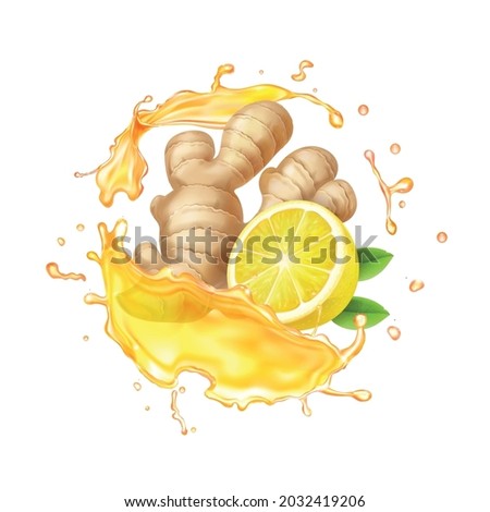 Ginger root, citrus and yellow tea splash illustration. Liquid splashing ginger ale 3d vector.