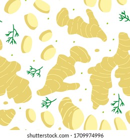 Ginger root cute seamless pattern. Vector background cutted ginger, ginger, herbs, leaves. Flat hand drawn illustration healthy food, tea ceremony, market, prints, banner, t shirt.