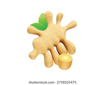  Raiz de gengibre com folhas verdes e corte ícone da fatia ilustração 3d