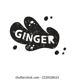 Ginger root grunge sticker. Black texture silhouette with lettering inside. Imitation of stamp, print with scuffs. Hand drawn isolated illustration on white background