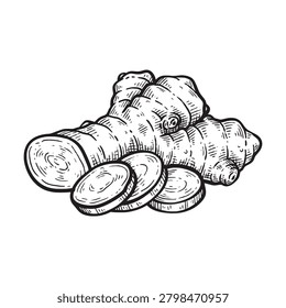 Ginger Root Hand Drawn Sketch. Ginger Root Vector Line Art Illustration