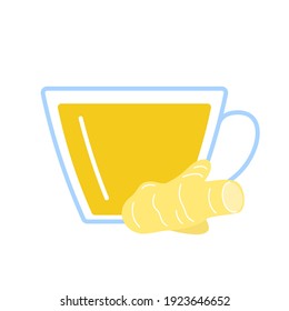 Ginger root herbal tea in glass cup. Teacup and ginger seasoning of fresh herb drink. Vector flat illustration