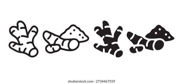 Ginger Root Icon Set with Four Black Outline and Silhouette Designs.