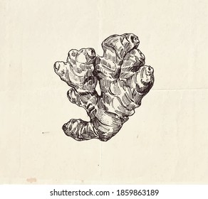 Ginger root ink  drawing, common spice, graphic illustration
