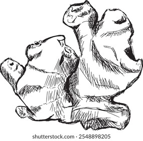 Ginger Root Large Top View Graphic Black and White Illustration Sketch for Printing and Web Design