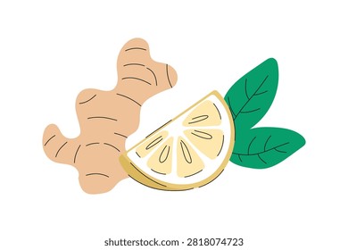 Ginger root with lemon slice and fresh mint leaves, natural cold remedy ingredients for immune support, herbal wellness, home treatment, healthy nutrition, vitamin C source, soothing tea, flu prevention, seasonal illness care, alternative medicine, organic healing concept, respiratory health, detox ingredients, antioxidant foods, healthcare illustration for blogs, recipes, medical articles, pharmacy, wellness guides, educational materials and healthy lifestyle content.
