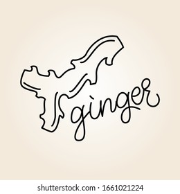 Ginger root outline cute icon with handwritten calligraphy script. Healthy, organic food. Traditional medicine, treatment. Vector Isolated Graphic Design Elements and Illustration. Outline doodle.