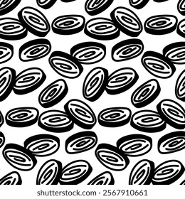 ginger root pattern, slices in a row of pieces. Culinary seasonings and spices, hand-drawn. Seamless root. A repeating texture in black silhouette on a white. Seasonings, spices, and food additives