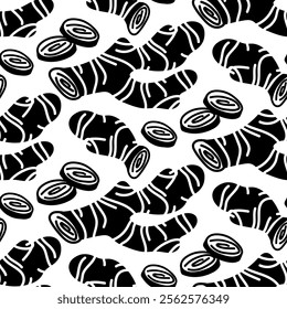 ginger root pattern, whole and pieces. Culinary seasonings and spices, hand-drawn. Seamless root, chaotic. A repeating texture in black silhouette on a white. Seasonings, spices, and food additives