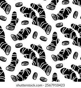 ginger root pattern, whole and pieces. Culinary seasonings and spices, hand-drawn. Seamless root. A repeating texture in black silhouette on a white background. Seasonings, spices, and food additives