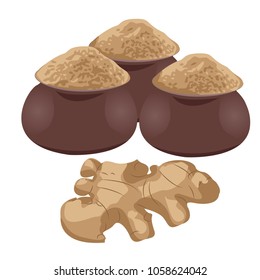 Ginger root and ginger powder in jugs vector illustration