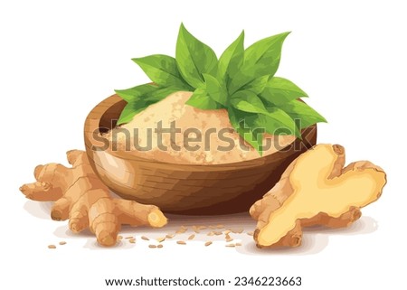 Ginger root and ginger powder in a wooden bowl and spoon isolated on white background. watercolor hand-painted vector art painting illustration