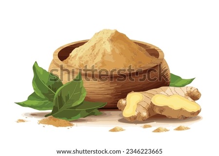 Ginger root and ginger powder in a wooden bowl and spoon isolated on white background. watercolor hand-painted vector art painting illustration