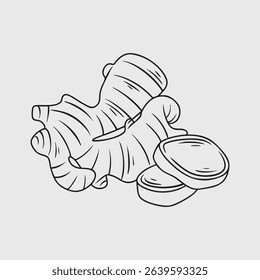 Ginger Root and Slices Line Art Illustration