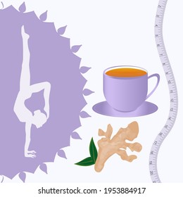 Raíz de jengibre, taza de té, yoga, figura femenina, soporte de mano, cinta dosificadora - vector. Planta medicinal. Belleza y salud. Bebida para adelgazar