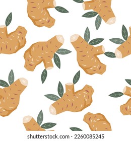 Ginger root or turmeric spice seamless pattern design, hand drawn flat vector illustration on white. Seamless decorative texture for food spices and tea packs design with ginger plant.