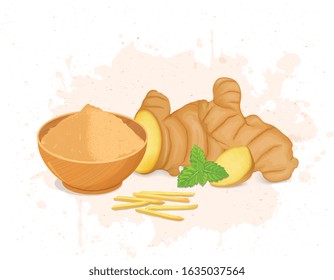 Ginger root vector illustration with ginger powder bowl and mint leaves