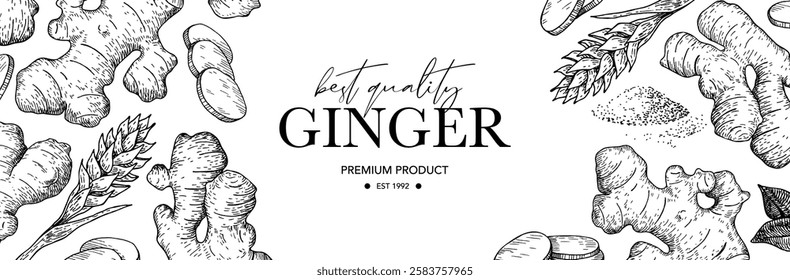 Ginger root vector label. Root, ginger pieces, powder and flower vector drawing. Engraved style illustration. Herbal spice. Detox food ingredient. Design template for packaging design