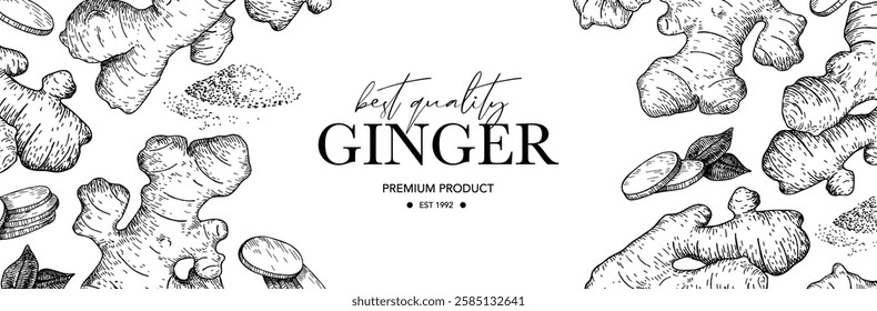 Ginger root vector label. Root, ginger pieces and powder vector drawing. Engraved style illustration. Herbal spice. Detox food ingredient. Design template for packaging design