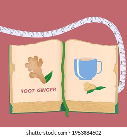 Ginger root, vintage recipes cookbook, measuring tape - vector. Medicinal plant. Beauty and health. Slimming drink
