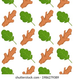 Ginger roots and ginger leaves vector seamless pattern background.