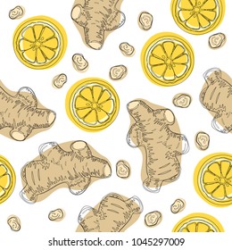 Ginger roots with lemon. Hand draw ingredient for warming tea. Whole and sliced ginger roots with lemon. Vector seamless pattern