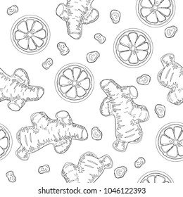 Ginger roots with lemon. Hand draw ingredient for warming tea. Vector seamless pattern.