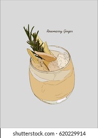 Ginger rose marry martini cocktail, Hand drawn sketch line art vector.