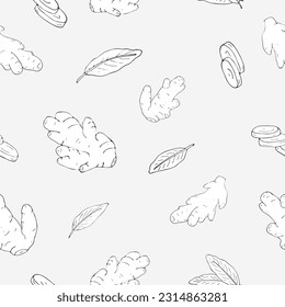 Ginger seamless pattern on gray background, for fabrics, wrapping paper, background, wall paper, textile. Vector hand-drawn Ginger seamless pattern. Ginger root and cut pieces. Detox food ingredient