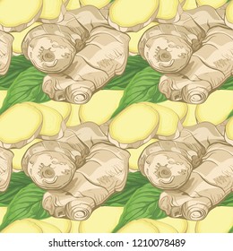 Ginger seamless pattern. Ginger root background. Elements for menu, greeting cards, wrapping paper, tea packaging, posters etc