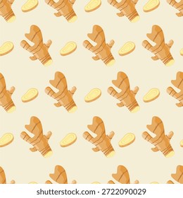 Ginger seamless pattern. Whole and sliced ginger. Can be used for wallpaper, paper wrapping and kitchen decoration