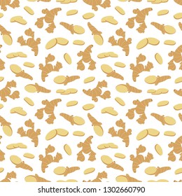 Ginger seamless texture. Ginger root and slices vector illustration. Spices background
